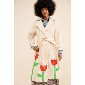 Boyko Tulip Trench Coat Womens XS Cream Vintage Retro Chic Floral Feminine